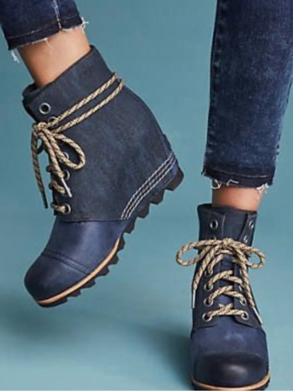 Sorel Women's PDX Wedge Blue Leather Lace-Up Outdoor Waterproof Ankle Boots Sz 7